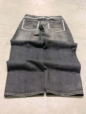 Basic Code Vintage Y2K Baggy Wide Leg Jeans Dark Wash With Contrast Stitching